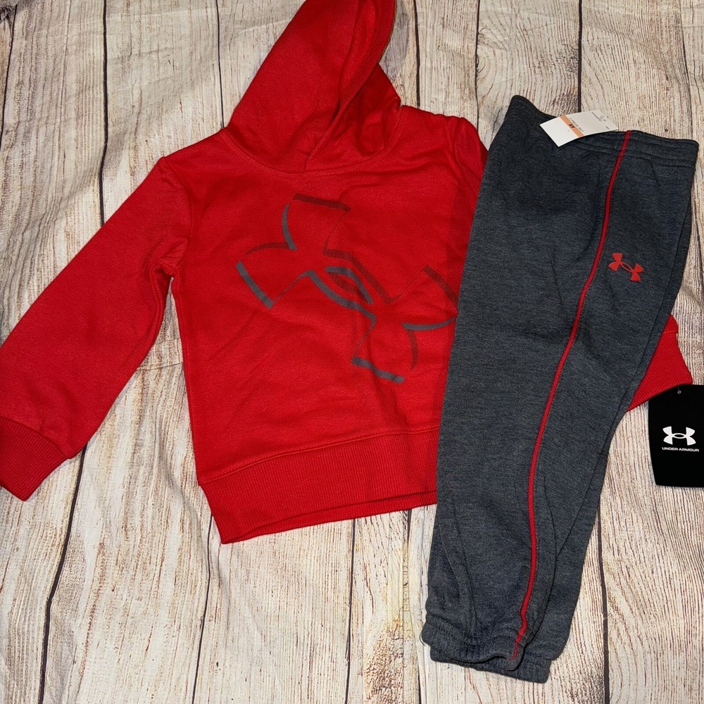 Under Armour Toddler Boys 2T Red Gray Hoodie Set Outfit NEW